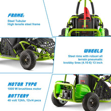 Load image into Gallery viewer, Electric Go Kart, 48V Powered Ride On Car, Seat Belt, 13 inch All-Terrain Tires, Parental Speed Control, Max 20 Mph (Green)
