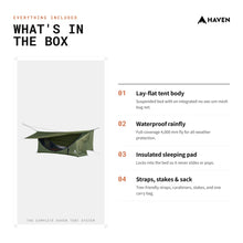 Load image into Gallery viewer, Haven Tent Original Lay-Flat Hammock Tent (Forest Green) – Comfortable Waterproof Camping Hammock with Mosquito Net – Includes Insulated Sleeping Pad &amp; Rainfly
