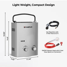 Load image into Gallery viewer, CAMPLUX Portable Tankless Water Heater, 1.32 GPM 5L Propane Water Heater for Camping, RV &amp; Off-Grid, Instant Outdoor Hot Water Shower System with Gas Regulator, Battery Powered, AY132G, Gray
