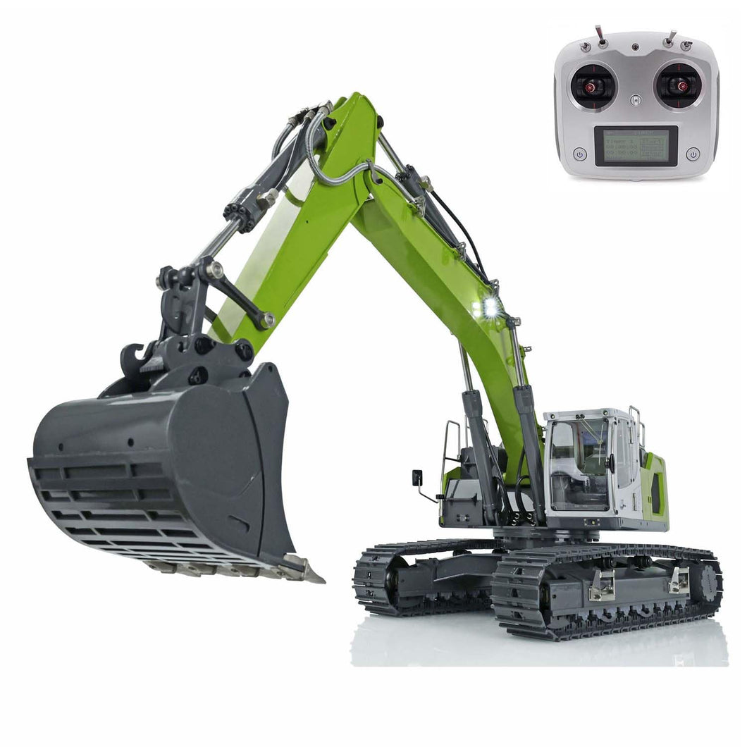 1/14 RC Hydraulic Excavator for 945 RC Digger Constructions Vehicle Model Motor Servo ESC Bucket Quick Coupler Light I6S Radio Green