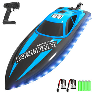 RC Boat 20MPH Fast Remote Control Boat with Lights 2.4Ghz Toy Boat for Pools and Lakes with 2 Rechargeable Batteries, Blue