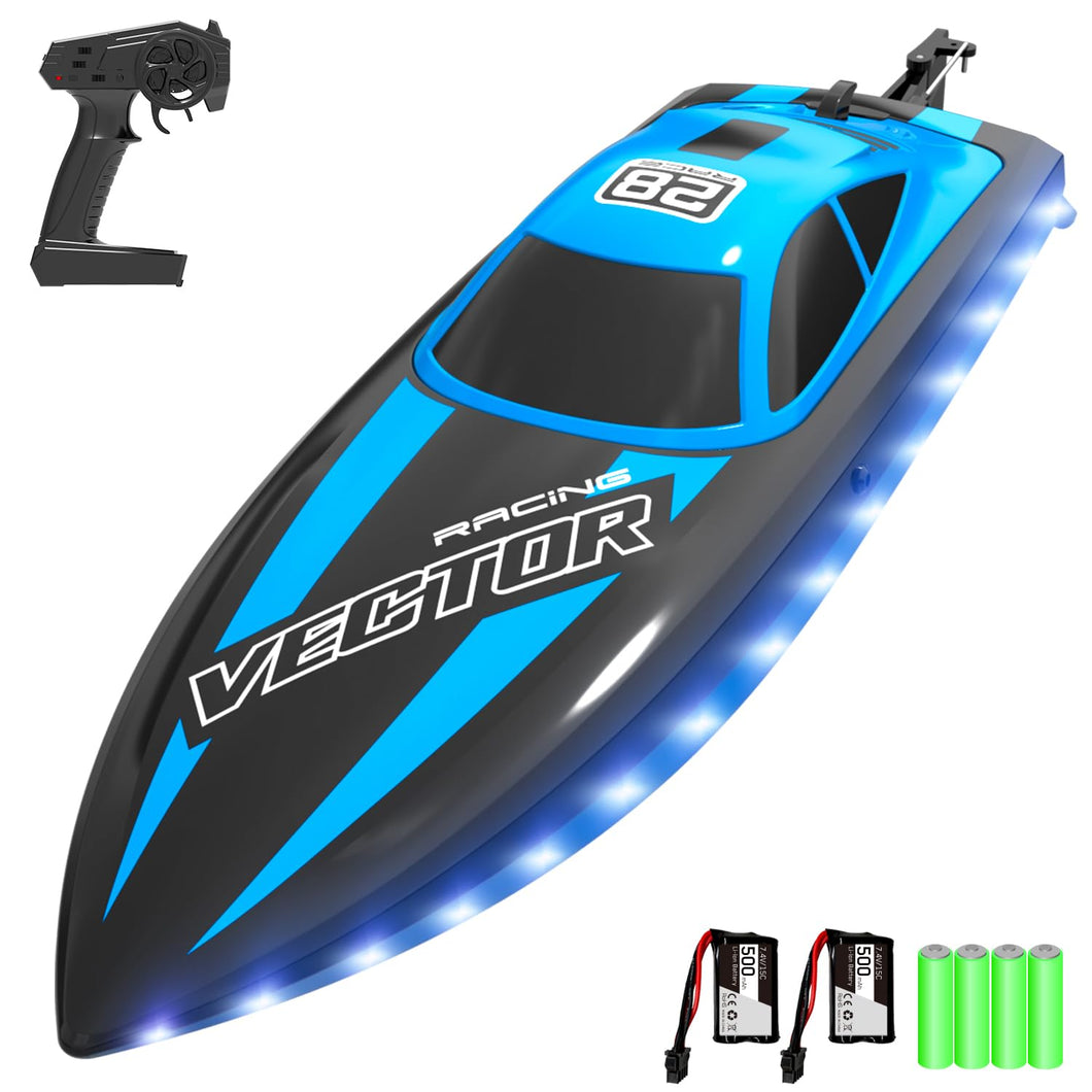 RC Boat 20MPH Fast Remote Control Boat with Lights 2.4Ghz Toy Boat for Pools and Lakes with 2 Rechargeable Batteries, Blue