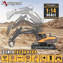 Load image into Gallery viewer, kolegend 3 in 1 Remote Control Excavator Toy 1/14 Scale RC Excavator, 15 Channel Upgrade Full Functional Construction Vehicles
