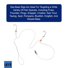 Load image into Gallery viewer, UMT Sea Bass Hi/Lo Saltwater Fishing Rigs 10 Pack, 3/0 Bait Hook, 60lb Heavy Duty Mono, 80lb Swivel &amp; Sinker Loop, Hand Tied for Fluke Porgy Snapper Croaker Sea Trout Tautog Spot Pompano
