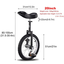 Load image into Gallery viewer, Wheel Unicycles 20&quot;(51cm) Wheel Unicycle for Adult, Aluminum Alloy Rim and Steel Frame, Adjustable Seat Height, Loads 150kg (Black)
