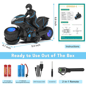 Remote Control Motorcycle Toys New Upgraded RGB Wheels Lights, RC Motorbike with 2-in-1 Remote, Gesture Sensing Stunts Dirt Bike