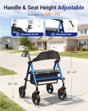 Load image into Gallery viewer, Telgome Walkers for Seniors with Seat, Thickened Flat Tube Frame, Foldable Rollator 350 lbs Load, Height Adjustable,8'' Big Wheels, Rolling Walker,Blue

