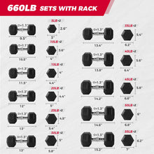 Load image into Gallery viewer, RITFIT Rubber Hex Dumbbells Set with Rack, 180-780LB Heavy-Duty Cast Iron Core, Knurled Chrome Handle, Space-Saving Storage Rack for Home Gym Strength Training
