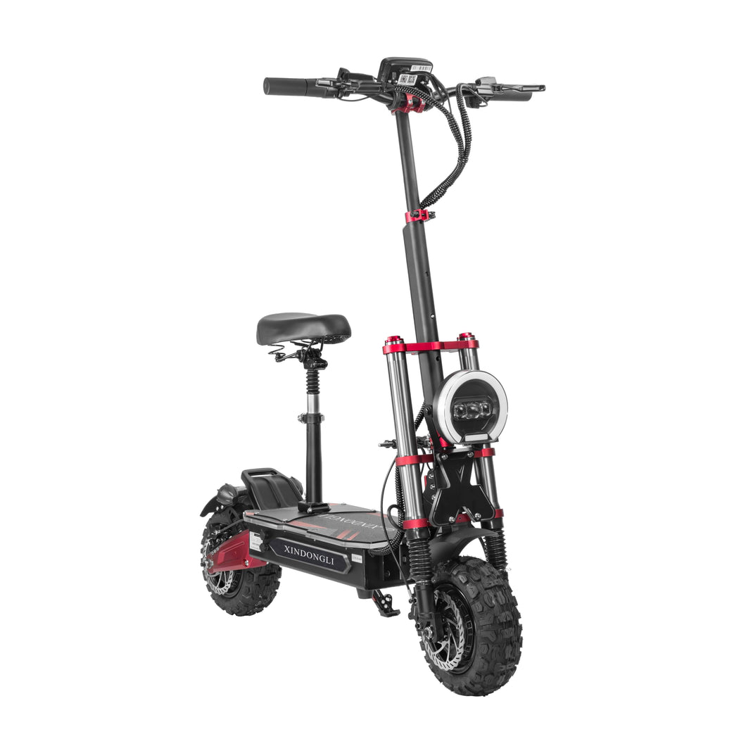 Electric Scooter with Seat, 11-inch Off-Road Tires, Dual Suspension, LED Display, Black and Red