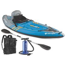 Load image into Gallery viewer, Sevylor QuickPak K1 1-Person Inflatable Kayak, Kayak Folds into Backpack with 5-Minute Setup, 21-Gauge PVC Construction; Hand Pump &amp; Paddle Included
