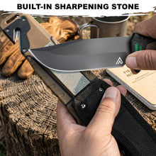 Load image into Gallery viewer, Naifu Bushcraft 6-in-1 Survival Knife — Full Tang Fixed Blade Hunting Knife with Sheath, 4.33 Inch Drop Point Blade, Built-in Sharpening Stone, Ferro Rod Fire Starter, Whistle, Glass Breaker &amp; Paracord — Camping, Bushcraft, EDC Gear
