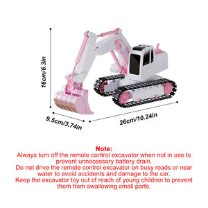 Pink RC Excavator, 6 Channel 2.4Ghz RC Construction Vehicle, 1:24 Scale Pink Excavator Toy with 360° Rotation, Light Sound and DIY Stickers