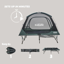 Load image into Gallery viewer, Kakadu Camping Tent Cot, 2 Person, Quick Setup, Folding, Compact, Elevated Tent with BlockOut Rain Fly, Awning Poles, Ultra-Fine Mesh Windows, and Carry Bag
