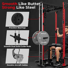 Load image into Gallery viewer, Mikolo F4 2.0 Power Cage with Dual-Track Smooth Pulley System, 1200LBS Power Rack with Leg Hold-Down for Heavy LAT Pulldowns, All-in-One Squat Rack with More Training Attachments for Home Gym (Red)
