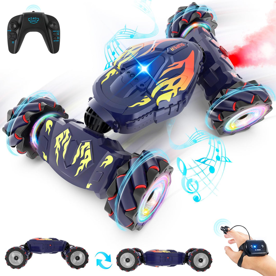 RC Cars, Gesture Sensing RC Stunt Car Toys for Boys Girls 6-12, 2.4Ghz 4WD Remote Stunt Car with Spray Lights Music 360° Rotate Fast