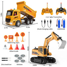 Load image into Gallery viewer, Remote Control Excavator and Dump Truck Toy Set - RC Construction Vehicles Toy with Barricades, Road Signs
