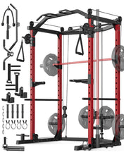 Load image into Gallery viewer, GarveeLife Power Cage, Multi-Functional Power Racks for Home Gym with Cable Crossover System, 1600 LBS Weight Capacity Fitness Squat Rack for Strength Workout with More Training Attachment, Red
