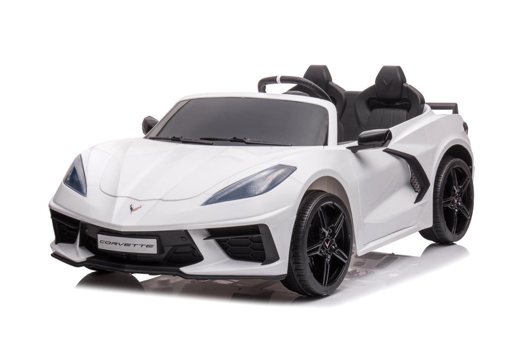 24V Chevrolet Corvette C8 2 Seater Ride on Car for Kids - LED Lights, Music Options, Remote Control (White)