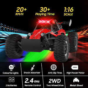 Remote Control Car for Kids 3 4 5 6 7+, 20 KM/H High-Speed RC Cars with LED Lights, 2.4GHz 2WD Monster Truck Toys – Red