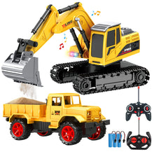 Load image into Gallery viewer, Remote Control Excavator &amp; Dump Truck Toy for Kids(Set of 2) with Lights and Sounds, Construction Vehicles RC Trucks
