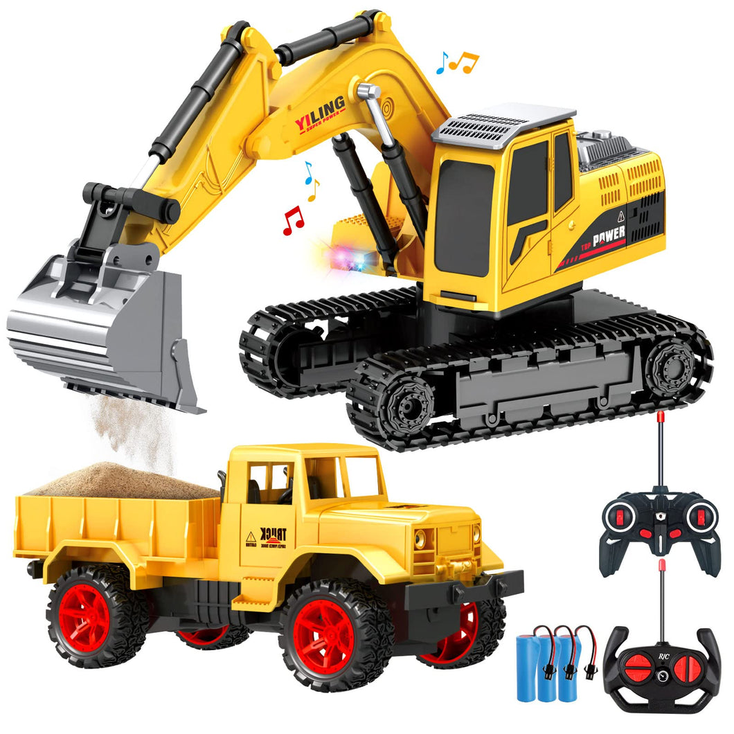 Remote Control Excavator & Dump Truck Toy for Kids(Set of 2) with Lights and Sounds, Construction Vehicles RC Trucks