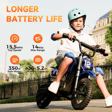Load image into Gallery viewer, A12 Electric Dirt Bike for Kids Ages 3-10,350W Kids Electric Motorcycle 15.5 MPH MAX, 14 Miles Max Range

