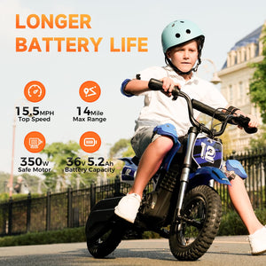A12 Electric Dirt Bike for Kids Ages 3-10,350W Kids Electric Motorcycle 15.5 MPH MAX, 14 Miles Max Range