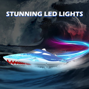 Full Proportional Remote Control Boat with LED Lights, Shark Graffiti, 20+ MPH,2.4GHz High Speed RC Racing Boats