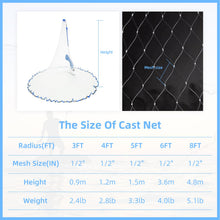 Load image into Gallery viewer, Handmade American Cast Net, BalanZze Casting Fishing Net for Bait Trap Fish, Throw Nets with Zinc Sinker Weights for Freshwater &amp; Salt Water (3/4/5/6/8/9/10 Ft, 1/2 Inch Mesh Size) (9ft Radius)
