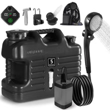 Load image into Gallery viewer, Portable Camping Shower with 5 Gallon Water Jug, 6000mAh Rechargeable Outdoor Camping Shower Kit, IPX7 Waterproof Pump BPA Free Water Containers Camp Essentials Black
