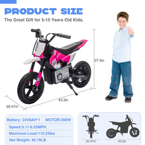 24V Kids Electric Dirt Bike for 5-15 Years Old, Ride on E Motorcycle, 3.11-9.32MPH Speed, Rear Shock Absorber, LED Breath Lamp, Pink