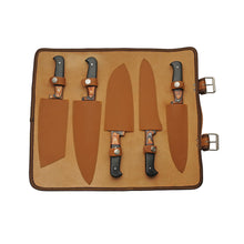 Load image into Gallery viewer, SZCO Kitchen Hammered Knife Roll Set 5PC, Wood Handle Chef Knife Set
