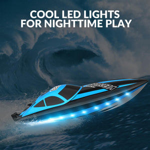RC Boat 20MPH Fast Remote Control Boat with Lights 2.4Ghz Toy Boat for Pools and Lakes with 2 Rechargeable Batteries, Blue