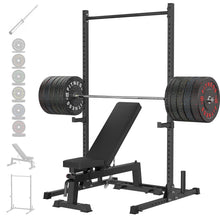 Load image into Gallery viewer, HANDBODE Squat Rack with Pull Up Bar 7ft Barbell, Weight Bench, Weight Plates Set 370 lb, Silver

