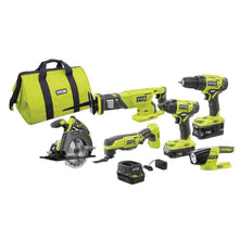 Load image into Gallery viewer, RYOBI P1819 18V One+ Lithium Ion Combo Kit (6 Tools: Drill/Driver, Impact Driver, Reciprocating Saw, Circular Saw, Multi-Tool, LED Worklight, 4.0 Ah &amp; 1.5 Ah Battery, Charger, Bag)

