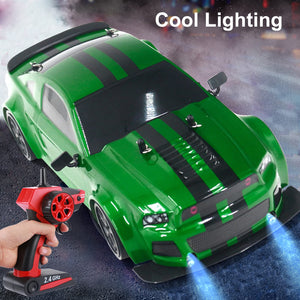 RC Drift Car, 1:14 Remote Control Car, 4WD 30KM/H High Speed RC Racing Car, 2.4GHz Electric Sport Drifting Car with LED Lights, 2 Batteries (Green)