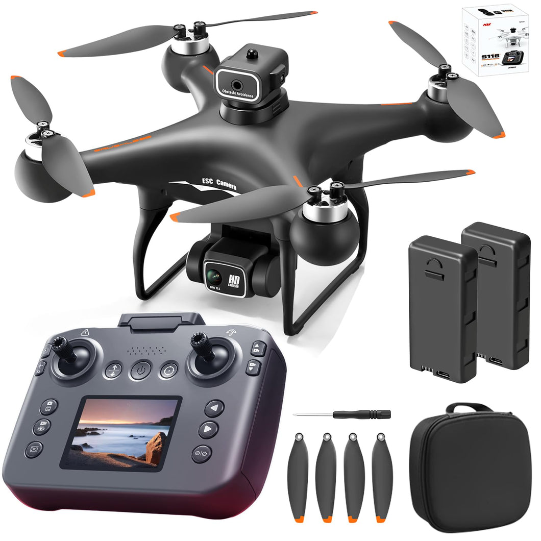 GPS Drone with Screen Controller, Two-batteries, Brushless Motor, Altitude Hold, One Key Take Off/Landing, with Black Outdoor Carrying Case (Black - 2 batteries)