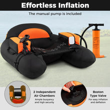 Load image into Gallery viewer, Goplus Inflatable Float Tube, Fishing Belly Boat with Fish Ruler, Pump, Storage Bag, Adjustable Straps, Fishing Float Tube for Angling, 350LBS Load Capacity (Black+Orange, Thickened，W/Rod Holder)
