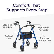Load image into Gallery viewer, Drive Medical Rollator Walker with Seat - Stable Mobility Support - Height Adjustable - Durable Steel Frame Construction - Smooth 7.5" Wheels - Foldable - 350 Lb Limit - Blue

