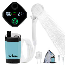 Load image into Gallery viewer, innhom Portable Camping Shower, 6000mAh Rechargeable Camp Shower Pump with LED Display, IPX7 Waterproof &amp; 2 Spray Modes Electric Outdoor Shower for Hiking, Travel, Pet Bathing and Car Washing, Blue
