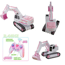 Load image into Gallery viewer, Pink RC Excavator, 6 Channel 2.4Ghz RC Construction Vehicle, 1:24 Scale Pink Excavator Toy with 360° Rotation, Light Sound and DIY Stickers
