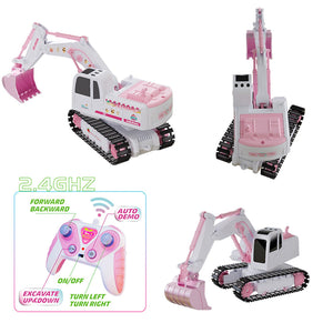 Pink RC Excavator, 6 Channel 2.4Ghz RC Construction Vehicle, 1:24 Scale Pink Excavator Toy with 360° Rotation, Light Sound and DIY Stickers