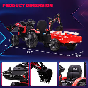 3 in 1 Ride on Tractor, 24V Ride on Excavator with Remote Control, Kids Electric Vehicles w/Trailer, Shovel Bucket, Digger, Red
