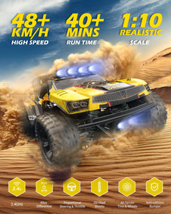 1:10 Large Remote Control Truck with Lights, Fast Short Course RC Car, 48 km/h 4x4 Off-Road Hobby Grade Toy Monster Crawler