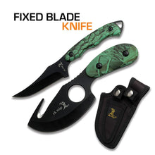 Load image into Gallery viewer, Elk Ridge ER-300 Series, 2-Piece Fixed Blade Hunting Knife Set with Gut Hook and Caping Knife, 3Cr13MoV Steel, Wood Handle, Nylon Sheath, 7 Inch and 6.4 Inch (Camo)
