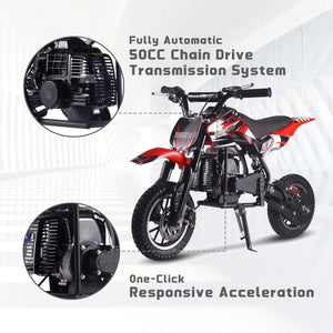 50CC Gas Dirt Bike, Off-Road Mini Bike with 2 Stroke, Motorcross Pocket Bike Push Start, Dual Disc Brake (red)