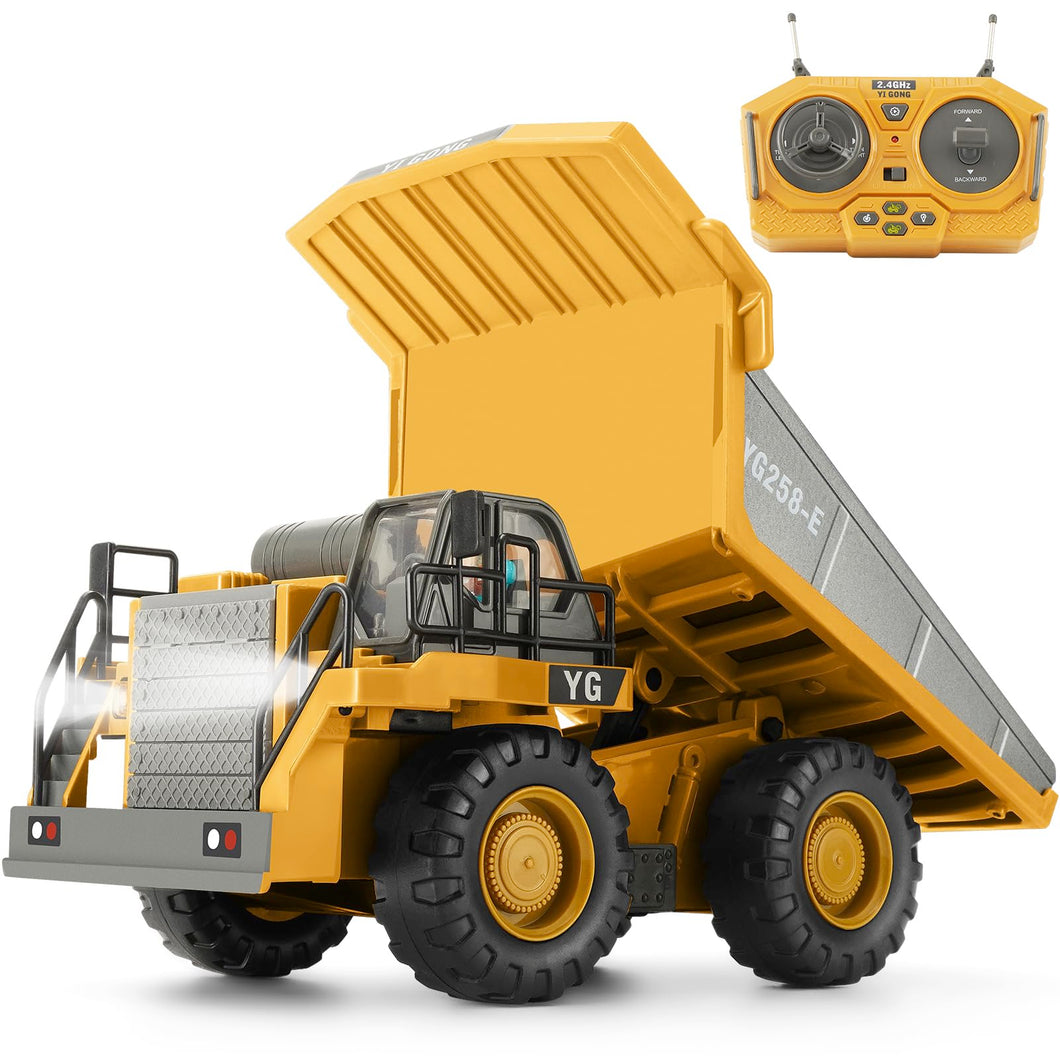 Remote Control Dump Truck, RC Construction Vehicle for Kids with 9 Channel Metal Bed Light Sound & Rechargeable Battery