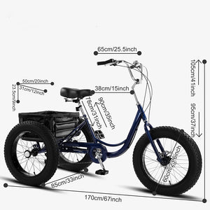 20''x4'' Tricycle for Adult, Men Women Sport Exercise Mountain Trike Cargo Backet, Cruiser 3 Wheel Bike Old Man Outdoor