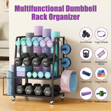 Load image into Gallery viewer, VOPEAK Dumbbell Rack for Home Gym, Adjustable Weight Rack Stand with Wheels, Heavy Duty Steel Storage Organizer for Dumbbells Kettlebells Yoga Mat, with Locking Casters &amp; Side Hooks
