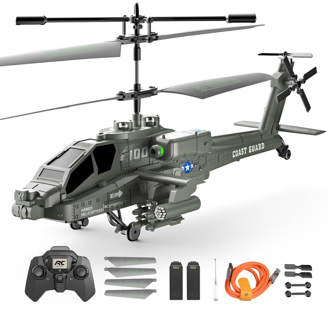 Remote Control Military Flying Helicopter Toy, 2.4GHz, 3.5 Channels Helicopter with Gyro & LED Light, Altitude Hold (Green)